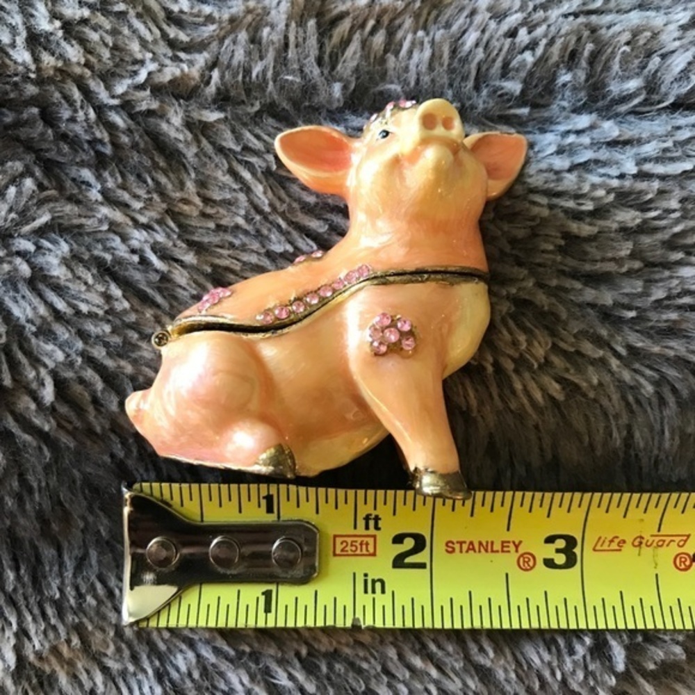 Pig Trinket Box Hinged‎ Enameled Bejeweled Pink Hog Sitting Crystals Gems.